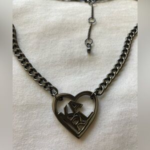 Karl Lagerfield Hematite Gun Metal Tone Heart Logo Necklace